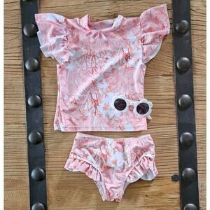 Shein 3 piece rashguard orange coral reef swimsuit sz 3Y